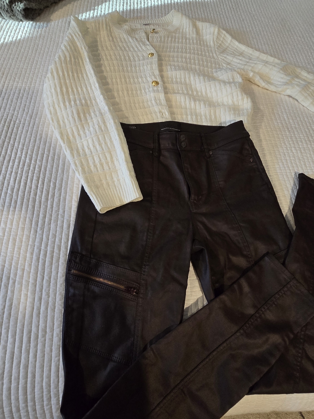 White House Black Market Deep Burgendy Coated Skinny Cargo Pants/Cream Sweater